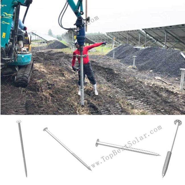 Screw piles foundation installation with solar ground mounting
