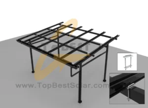 Professional solar carport installation showing structural mounting brackets and rail alignment